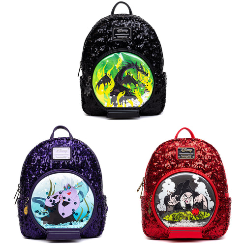 EXCLUSIVE DROP: Loungefly Disney Villains Maleficent Dragon/Ursula/Old Hag Sequin Snow Globe Mini Backpack Bundle