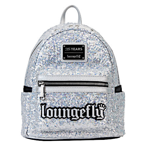 EXCLUSIVE DROP: Loungefly 25th Anniversary Logo Holographic Silver Sequin Mini Backpack - 12/1/23