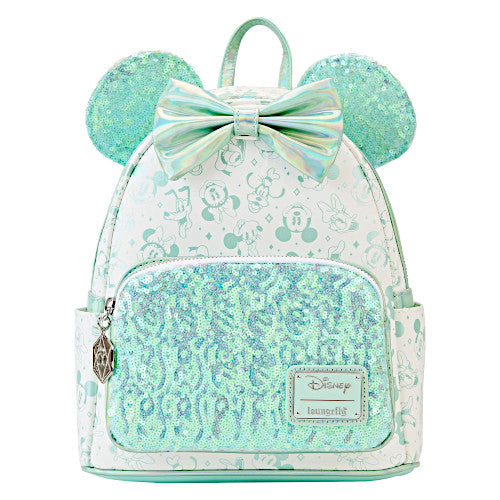 EXCLUSIVE DROP: Loungefly Disney 100 Mickey & Friends AOP Pale Turquoise Sequin Mini Backpack - Hallmark Exclusive - 5/11/23