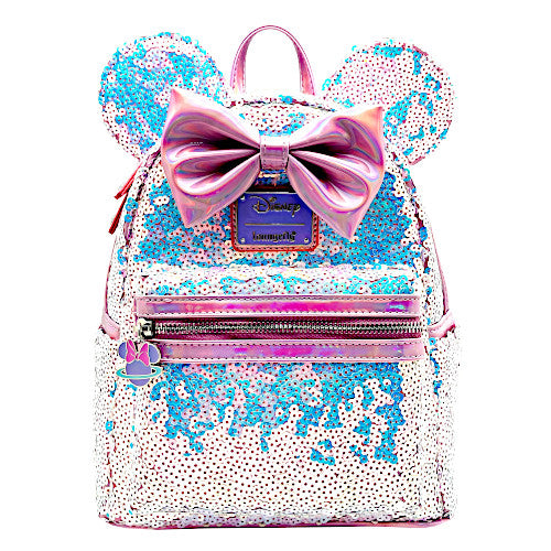 EXCLUSIVE DROP: Loungefly Disney Planet Minnie Mouse UV Reactive Pink Iridescent Sequin Mini Backpack