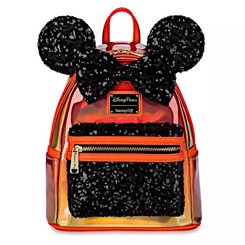 EXCLUSIVE DROP: Loungefly Halloween Minnie Mouse Iridescent Orange & Black Sequin Mini Backpack - 7/31/23