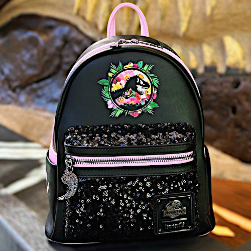 EXCLUSIVE DROP: Loungefly Jurassic Park Sequin Floral Mini Backpack Black And Pink - 9/6/24