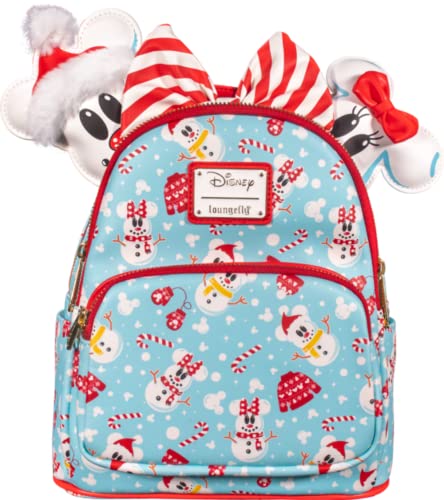 Loungefly Disney Christmas Mickey and Minnie Snowman AOP Womens Double Strap Shoulder Bag Purse with Ears Headband