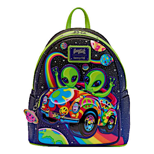 Loungefly Lisa Frank Cosmic Alien Ride Peace Love & Aliens Glow Mini Backpack