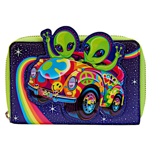 Loungefly Lisa Frank Cosmic Alien Ride Peace Love & Aliens Glow Wallet